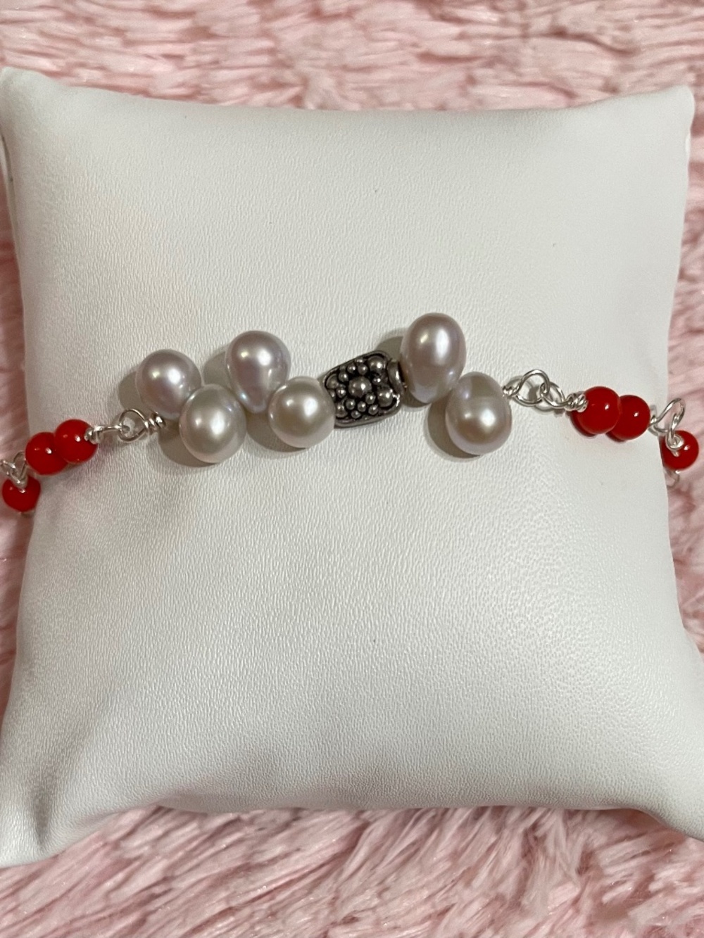 Hand made Red Coral /Silver Freshwater Pearl 4mm bracelet Size:7 inch/ extin 8”